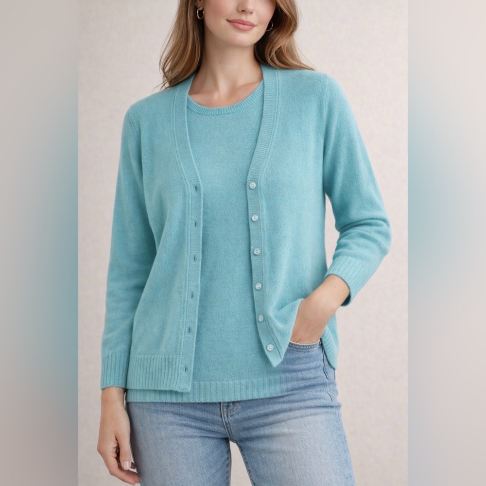 Valerie Stevens Cashmere Twin Set Womens‎ XL Blue Cardigan Shell Sweater